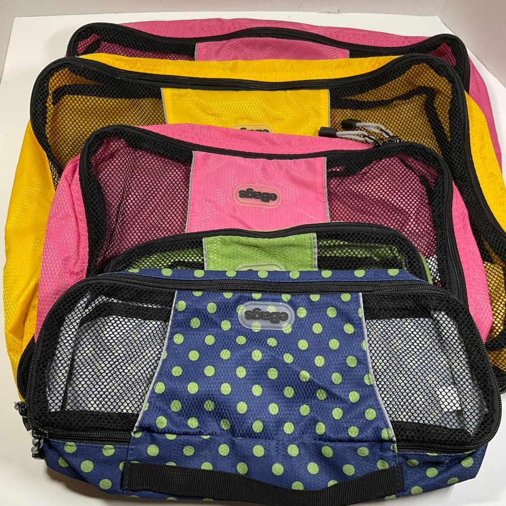 eBags Packing Cubes Set of 5 Nylon Travel Organizers Pink Yellow Polka Dot Mesh